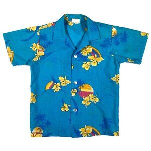 Nikky Vintage Kids Youth Hawaiian Shirt Size 6 Hawaii Made Floral Blue Sunset